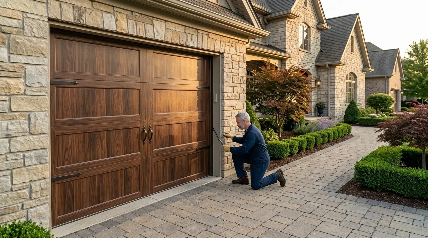 Garage door technician repairing a residential garage door in Winter Haven Florida