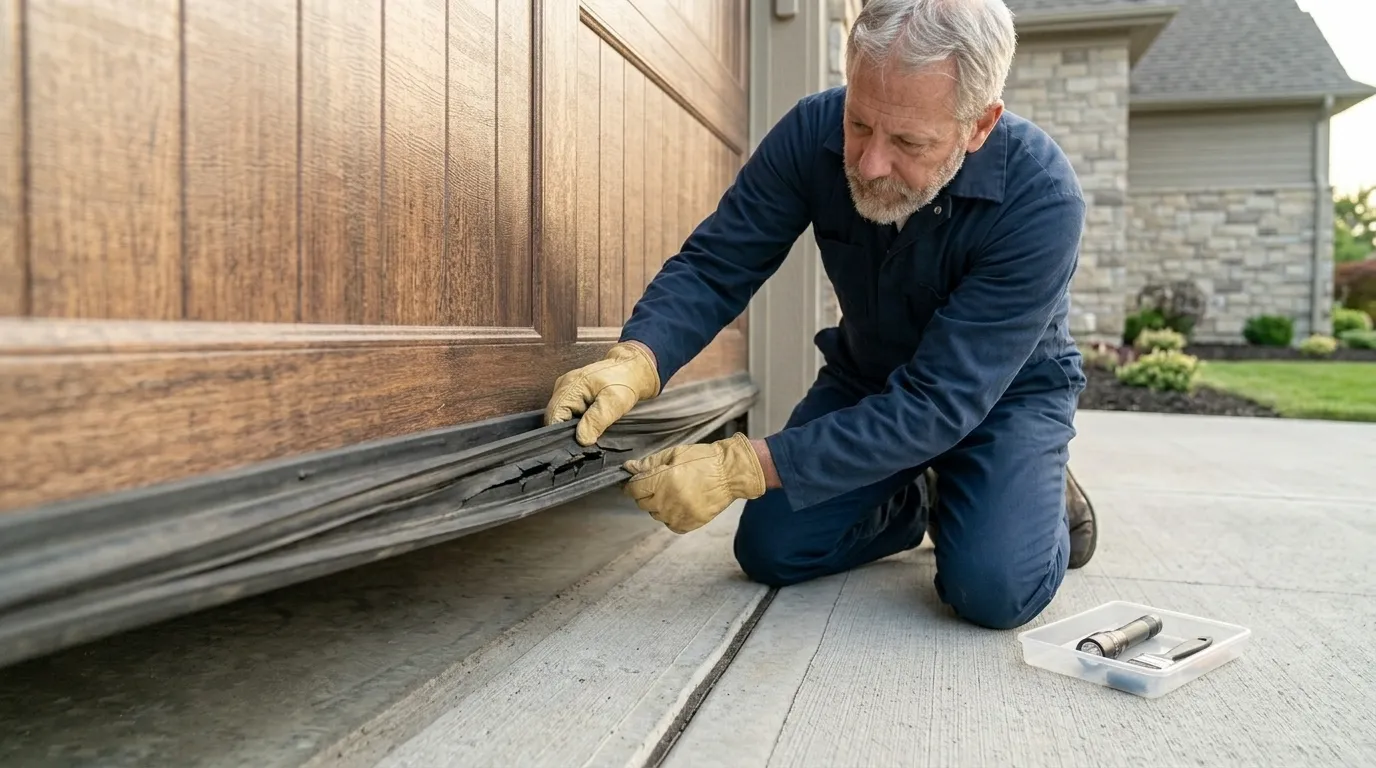 Garage door technician inspecting springs rollers tracks and opener in Winter Haven Florida